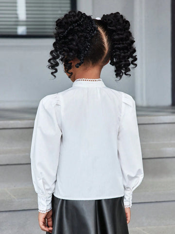 Tween Girls' Plain Woven Long Sleeve Stand Collar Casual Blouse Top