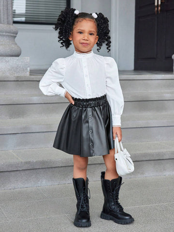 Tween Girls' Plain Woven Long Sleeve Stand Collar Casual Blouse Top