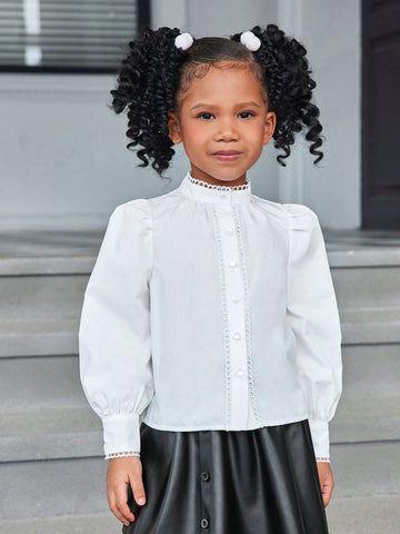 Tween Girls' Plain Woven Long Sleeve Stand Collar Casual Blouse Top