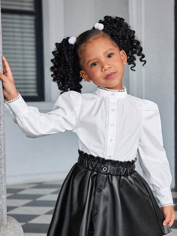 Tween Girls' Plain Woven Long Sleeve Stand Collar Casual Blouse Top