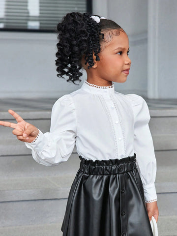 Tween Girls' Plain Woven Long Sleeve Stand Collar Casual Blouse Top