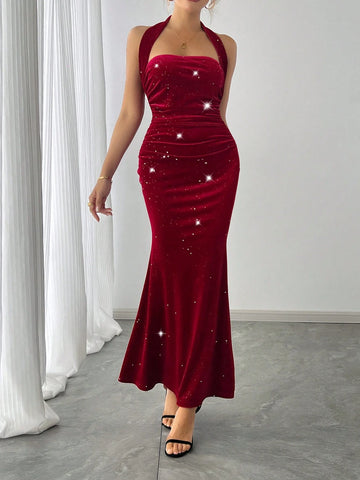 Tween Girls Solid V-Neck Sleeveless Ruched Waist Velvet Elegant Party Dress Mermaid Halter Neck And Burgundy Red Sequin Bodycon Dress