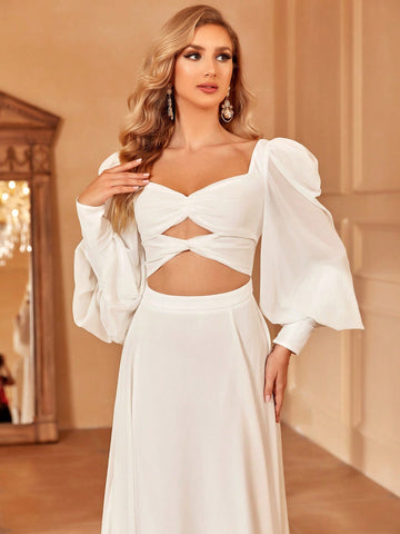 Twist Front Cut Out Split Thigh Lantern Sleeve Dress
