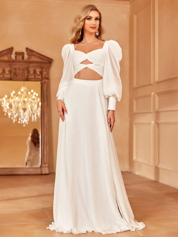 Twist Front Cut Out Split Thigh Lantern Sleeve Dress