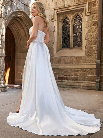 Twist Front Split Thigh Satin Tube Wedding Dress