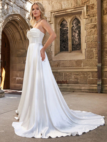 Twist Front Split Thigh Satin Tube Wedding Dress