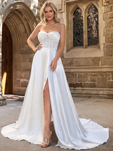 Twist Front Split Thigh Satin Tube Wedding Dress