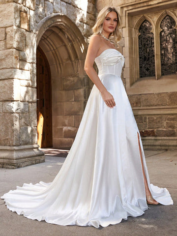 Twist Front Split Thigh Satin Tube Wedding Dress