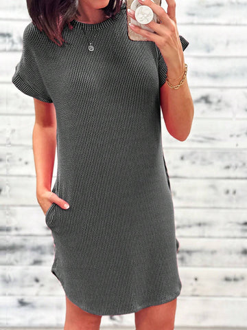 Two-Color Twist Striped Jacquard Batwing Sleeve Round Neck Casual Dress