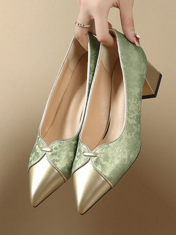 Two-Tone Elegant Pointy Toe Slip-On High Heel Pumps, Chunky Heel Mid-Heel Dress Shoes For Women