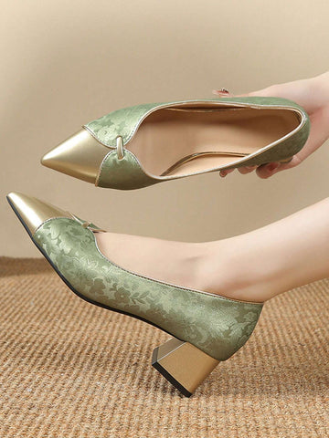 Two-Tone Elegant Pointy Toe Slip-On High Heel Pumps, Chunky Heel Mid-Heel Dress Shoes For Women