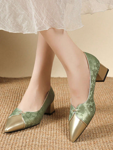 Two-Tone Elegant Pointy Toe Slip-On High Heel Pumps, Chunky Heel Mid-Heel Dress Shoes For Women