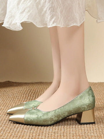 Two-Tone Elegant Pointy Toe Slip-On High Heel Pumps, Chunky Heel Mid-Heel Dress Shoes For Women