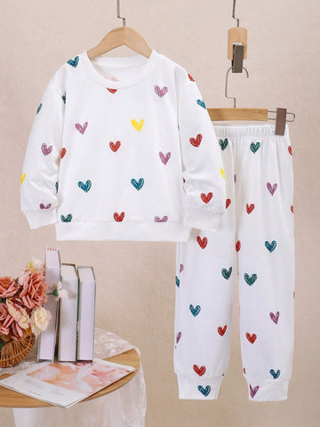 Two Piece Girls' Casual Cute Heart-Shaped Printed Knitted Round Neck Sweatshirt Paired With Sports Pants For Autumn And Winter