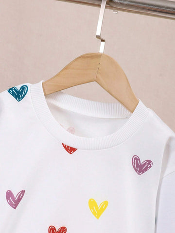 Two Piece Girls' Casual Cute Heart-Shaped Printed Knitted Round Neck Sweatshirt Paired With Sports Pants For Autumn And Winter