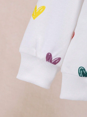 Two Piece Girls' Casual Cute Heart-Shaped Printed Knitted Round Neck Sweatshirt Paired With Sports Pants For Autumn And Winter