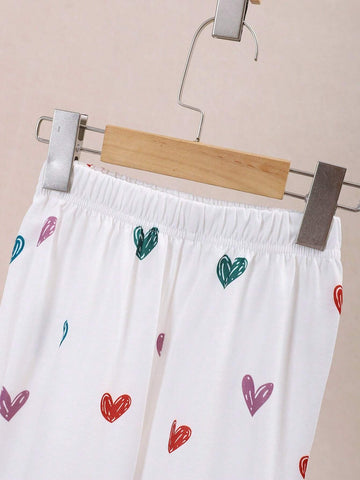 Two Piece Girls' Casual Cute Heart-Shaped Printed Knitted Round Neck Sweatshirt Paired With Sports Pants For Autumn And Winter