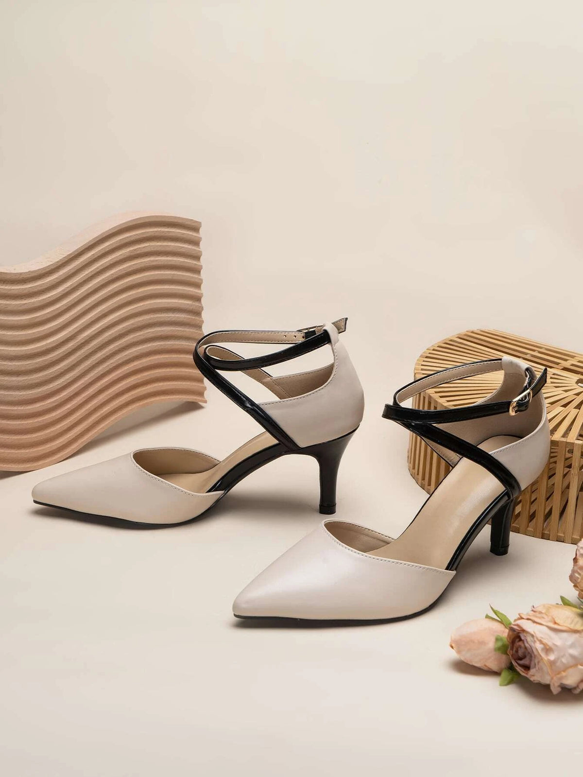 Two Tone Point Toe Ankle Strap Pumps, Apricot-colored Elegant Contrast High Heels Shoes For Women