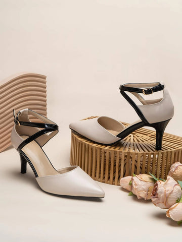 Two Tone Point Toe Ankle Strap Pumps, Apricot-colored Elegant Contrast High Heels Shoes For Women