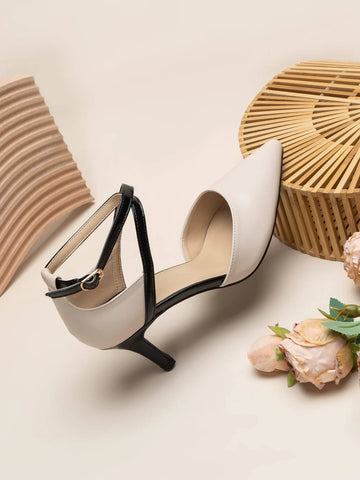Two Tone Point Toe Ankle Strap Pumps, Apricot-colored Elegant Contrast High Heels Shoes For Women