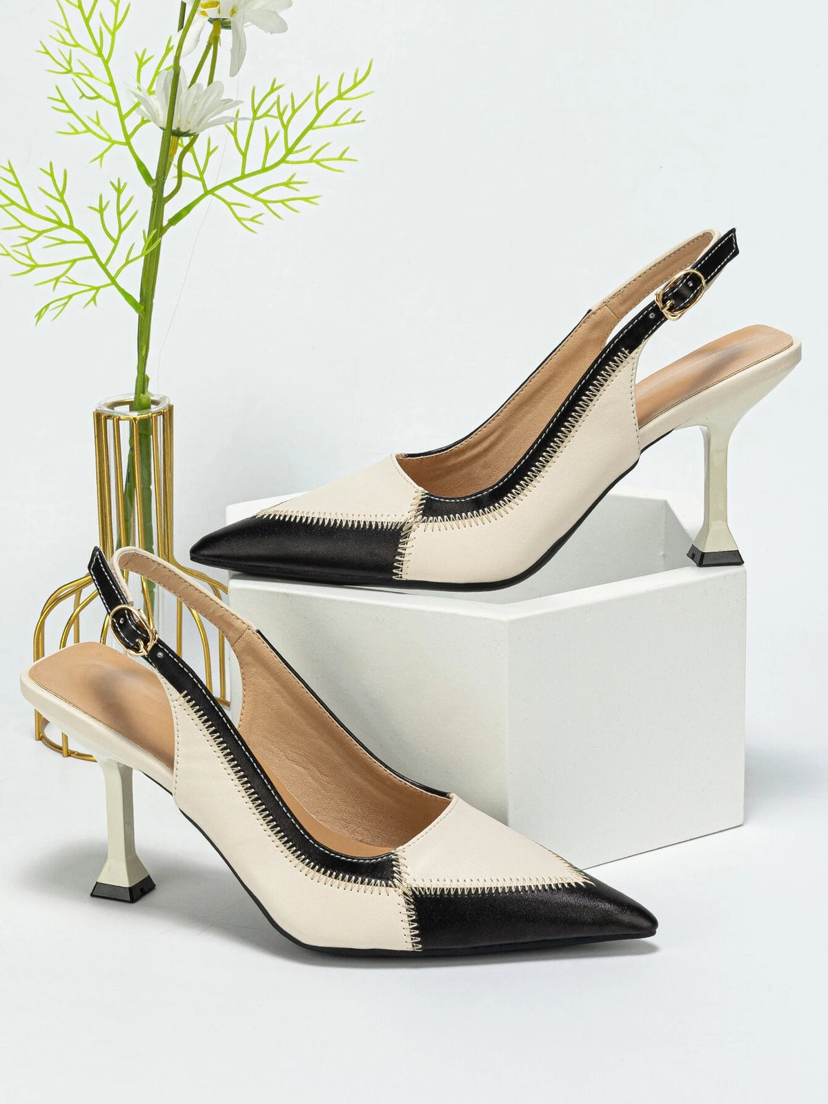 Two Tone Stitch Detail Slingback Pumps, Multicolor Elegant Single Shoes For Women With Buckle And Color-block Design High Heels