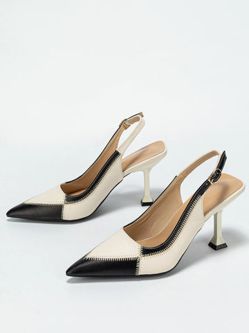 Two Tone Stitch Detail Slingback Pumps, Multicolor Elegant Single Shoes For Women With Buckle And Color-block Design High Heels
