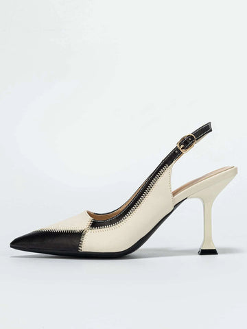 Two Tone Stitch Detail Slingback Pumps, Multicolor Elegant Single Shoes For Women With Buckle And Color-block Design High Heels