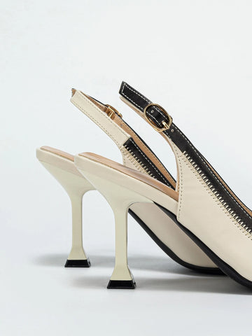 Two Tone Stitch Detail Slingback Pumps, Multicolor Elegant Single Shoes For Women With Buckle And Color-block Design High Heels