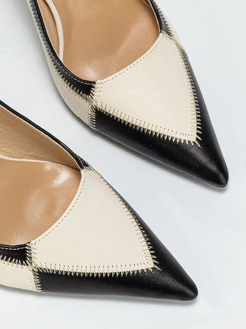 Two Tone Stitch Detail Slingback Pumps, Multicolor Elegant Single Shoes For Women With Buckle And Color-block Design High Heels
