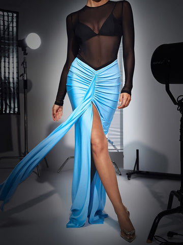 Tyndall Ruched Split Satin Skirt Set In Sky