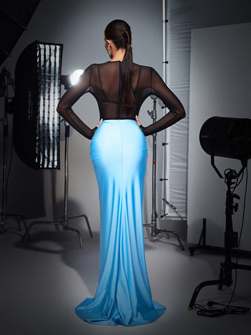 Tyndall Ruched Split Satin Skirt Set In Sky