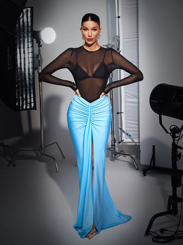 Tyndall Ruched Split Satin Skirt Set In Sky