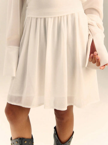TypaGal Chiffon Frill Cinched Waist Long Sleeve Shirt Dress