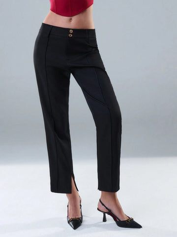 TypaGal Classy Pintuck Seam Detail Slit Hem Trousers With Gold Button Detail