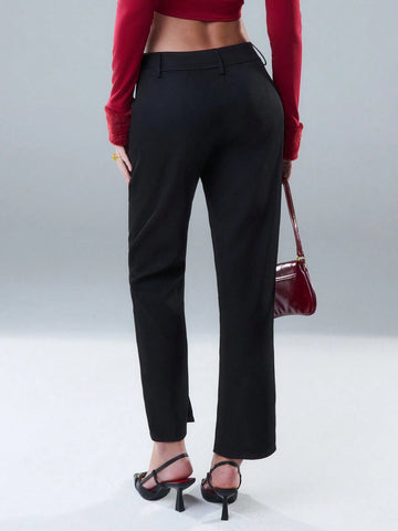 TypaGal Classy Pintuck Seam Detail Slit Hem Trousers With Gold Button Detail