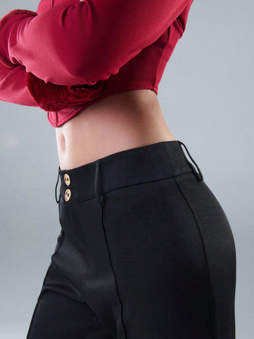 TypaGal Classy Pintuck Seam Detail Slit Hem Trousers With Gold Button Detail