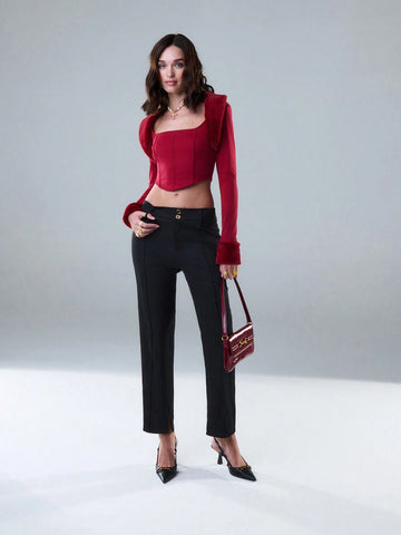 TypaGal Classy Pintuck Seam Detail Slit Hem Trousers With Gold Button Detail