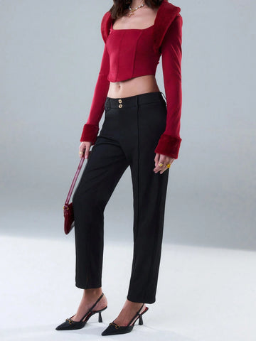 TypaGal Classy Pintuck Seam Detail Slit Hem Trousers With Gold Button Detail
