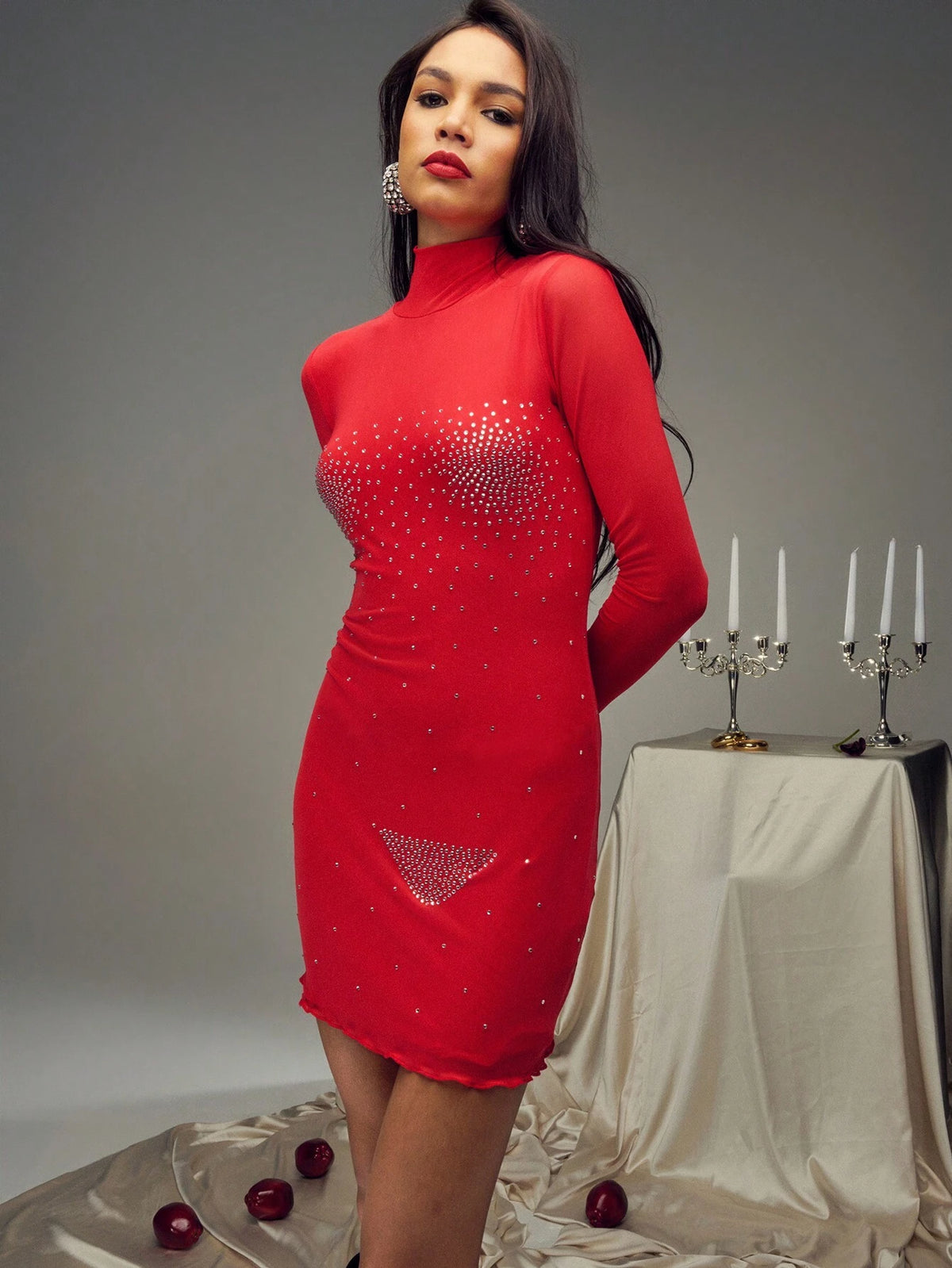 TypaGal Double Layered Mesh High Neck Rhinestone Detail Long Sleeve Mini Dress