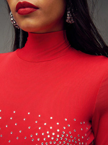 TypaGal Double Layered Mesh High Neck Rhinestone Detail Long Sleeve Mini Dress