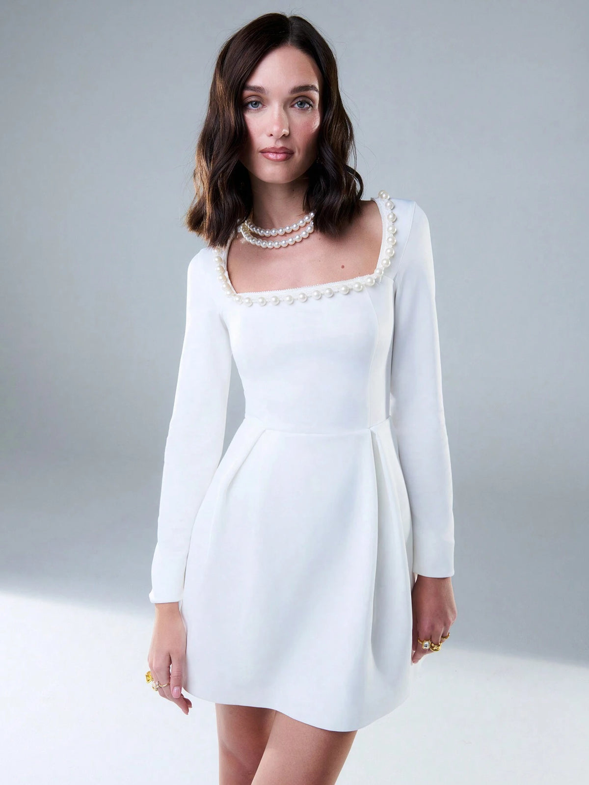 TypaGal Elegant Pearl Square Neckline Long Sleeves Mini Dress