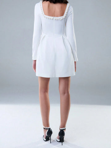 TypaGal Elegant Pearl Square Neckline Long Sleeves Mini Dress