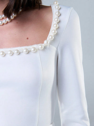 TypaGal Elegant Pearl Square Neckline Long Sleeves Mini Dress