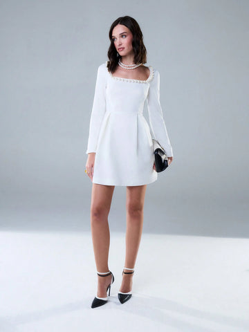 TypaGal Elegant Pearl Square Neckline Long Sleeves Mini Dress