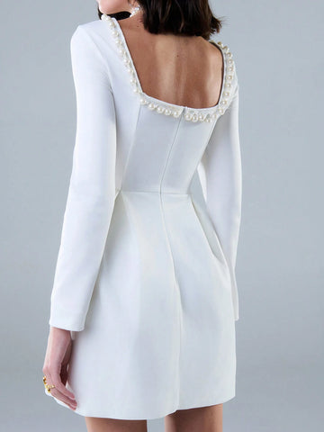 TypaGal Elegant Pearl Square Neckline Long Sleeves Mini Dress