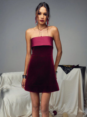 TypaGal Faceted Velvet Patchwork Bustier Mini Party Dress