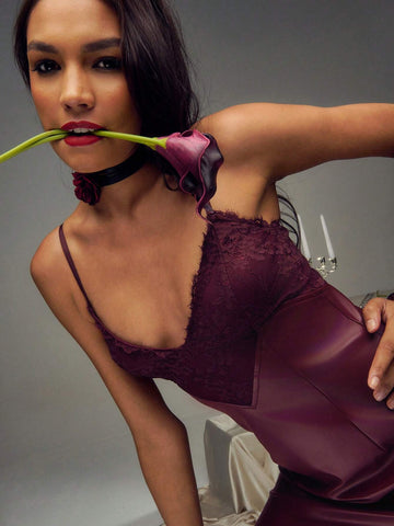 TypaGal Lace Patchwork PU Sexy Cami Mini Dress