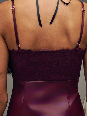 TypaGal Lace Patchwork PU Sexy Cami Mini Dress