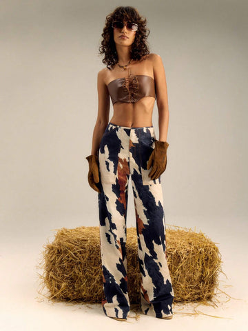 TypaGal Multi Colour Print Oversied Cotton Pocket Straight Leg Trousers