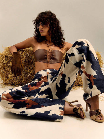 TypaGal Multi Colour Print Oversied Cotton Pocket Straight Leg Trousers